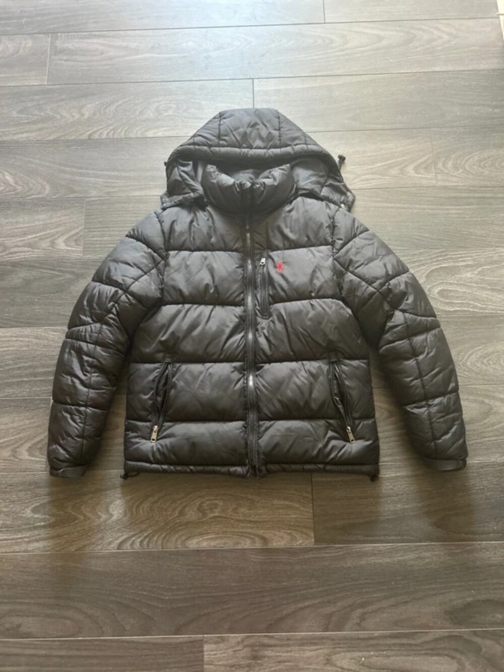 Ralph Lauren Black Hooded Quilted Puffer Jacket Red Pony Logo Size S